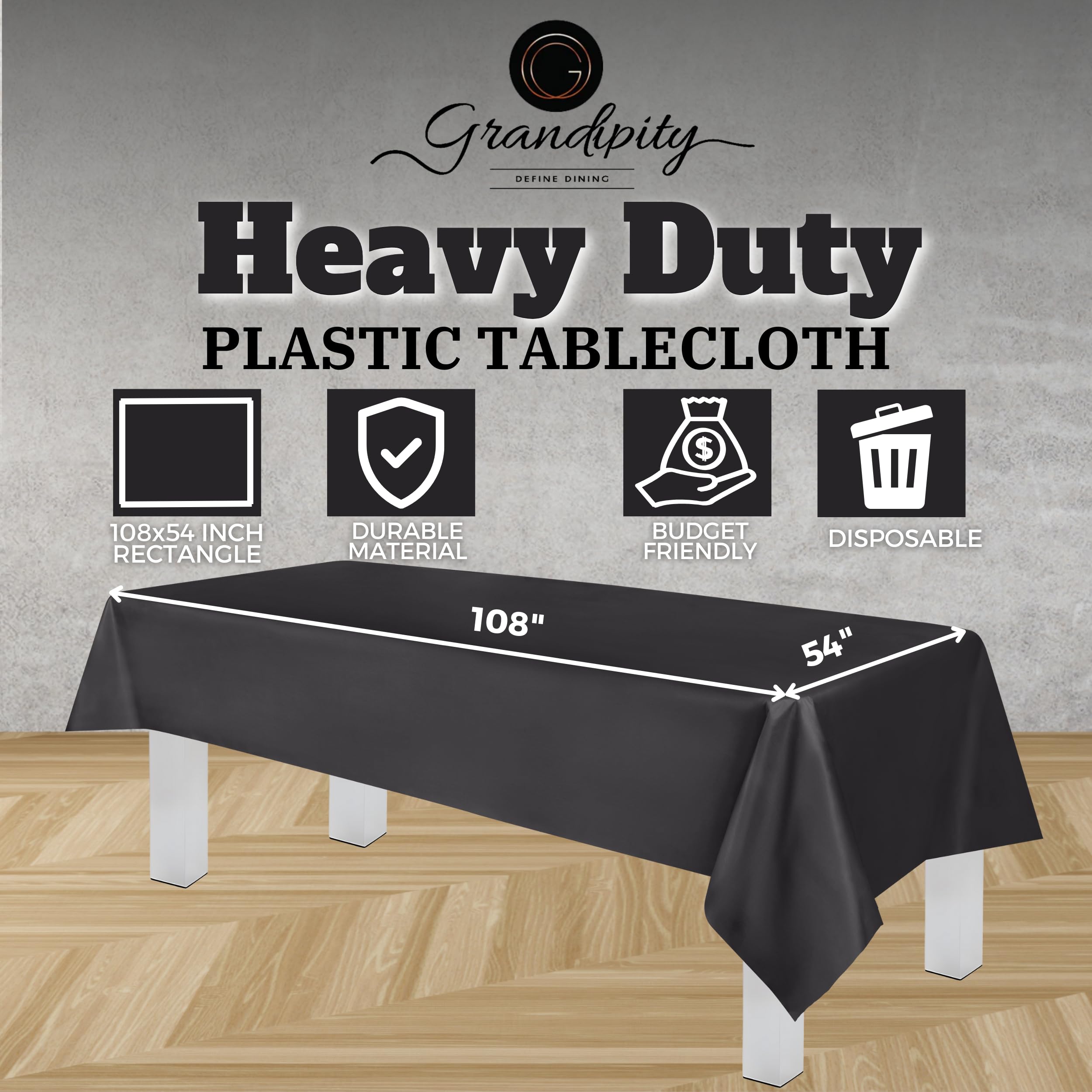 Grandipity Dark Grey Plastic Table Cloth Disposable (6 Pk) 54In X 108In Plastic Tablecloths For Rectangle Tables - Premium Party